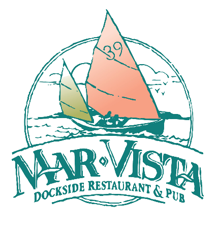 Mar Vista Dockside Restaurant and Pub’s throwback sketched teal logo featuring a sailboat with a peach sail.