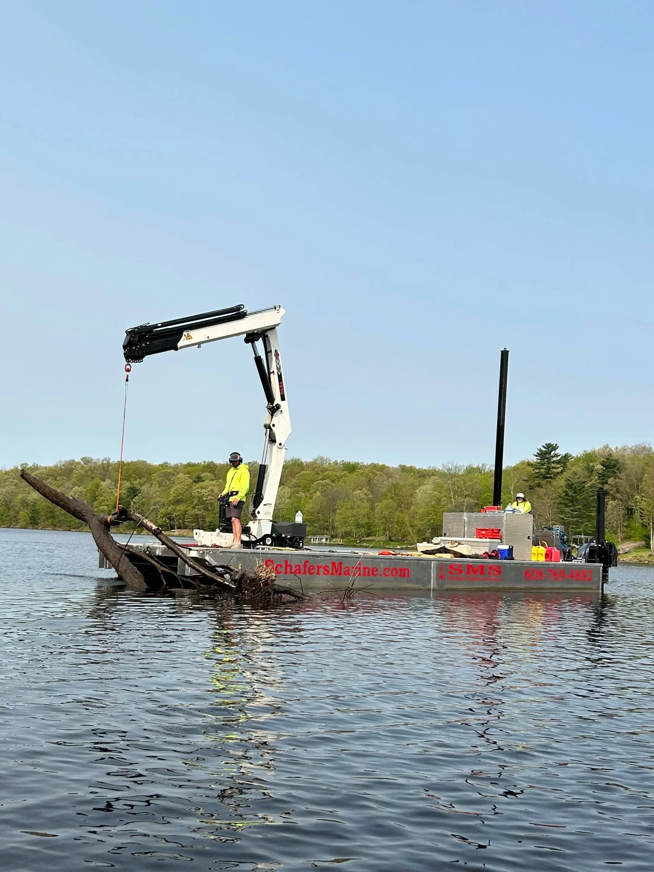 Crane barge removing a tree in Black River WI