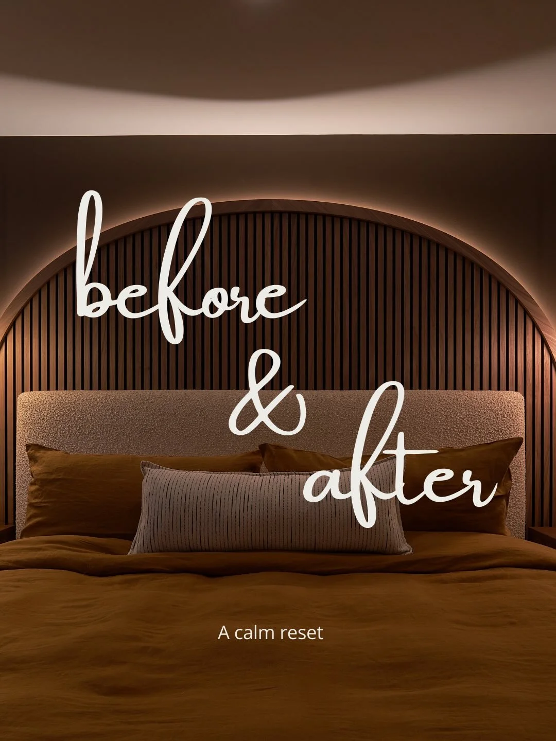 Before &amp; after!

This bedroom went from flat and unfinished to grounded and intentional.

We added architectural detail, warm tones, and layered textures to create a space that feels quiet, modern, and restful.

Clean lines. Soft contrast.
A bedr