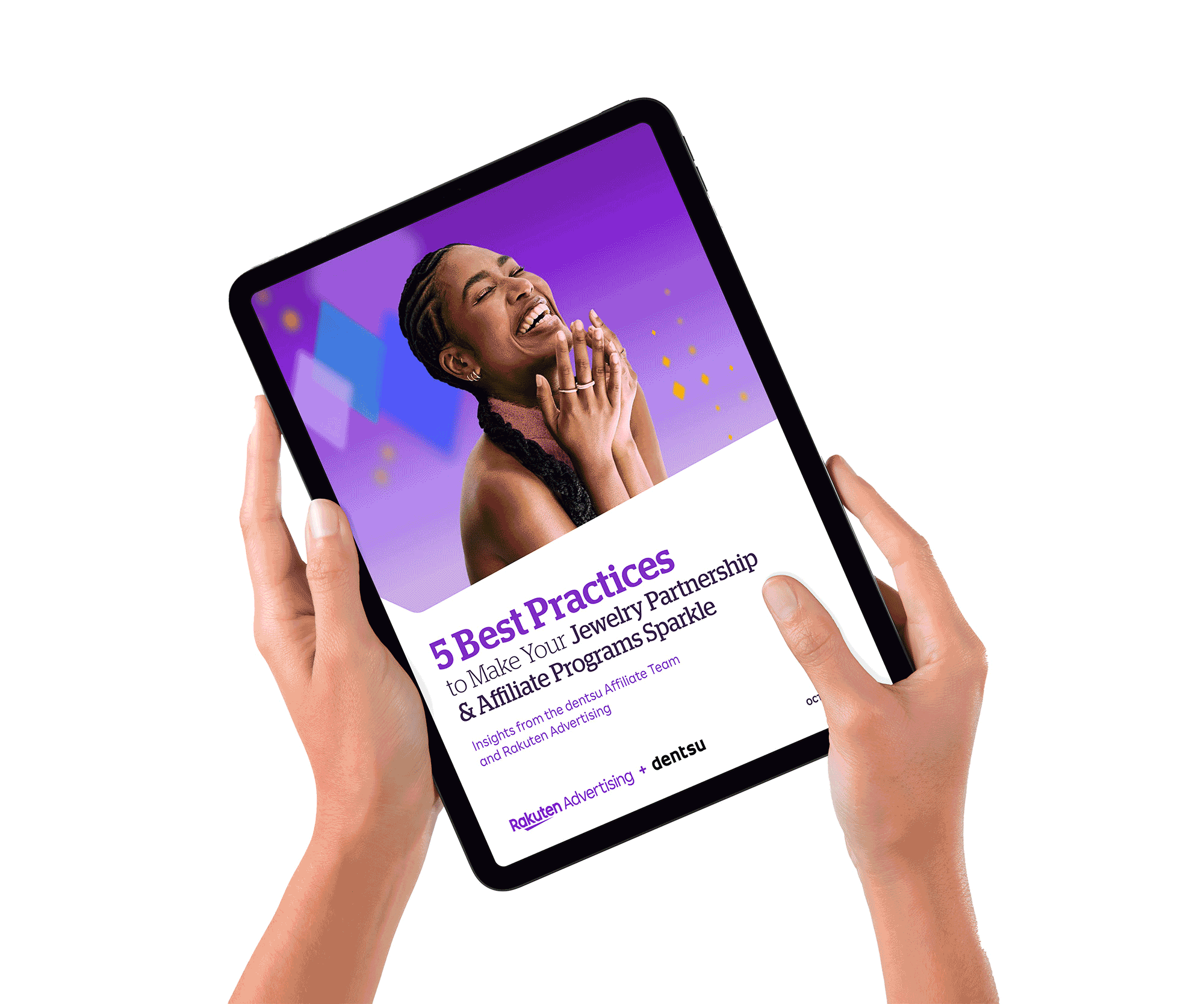 Two hands holding an iPad with an Influencer Jewelry E-book scrolling through.