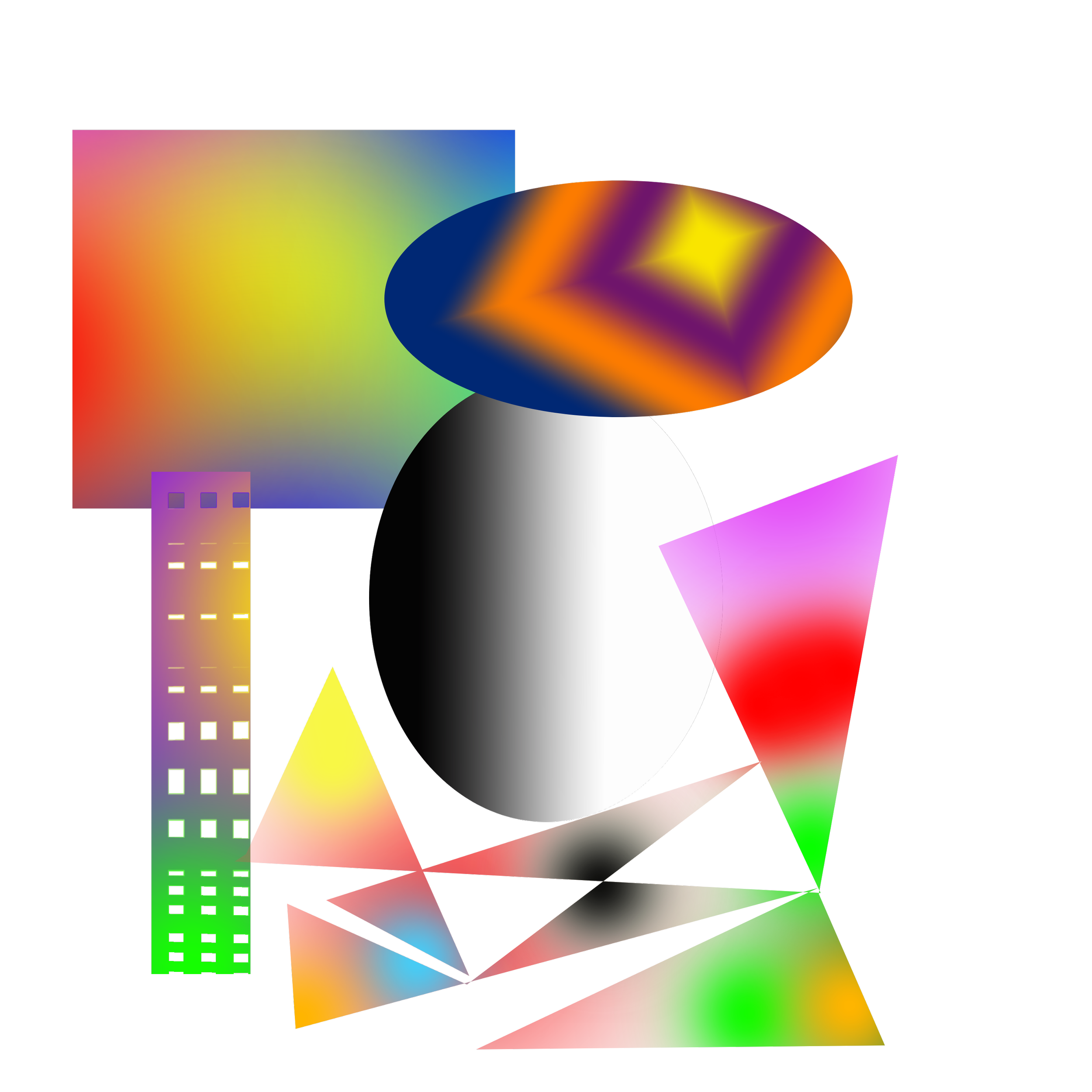 Abstract digital artwork featuring a black-and-white gradient eclipsed circle, a purple-and-orange chevron oval, a rainbow-gradient rectangle, a tall windowed tower shape, and multiple overlapping colorful triangles on a white background
