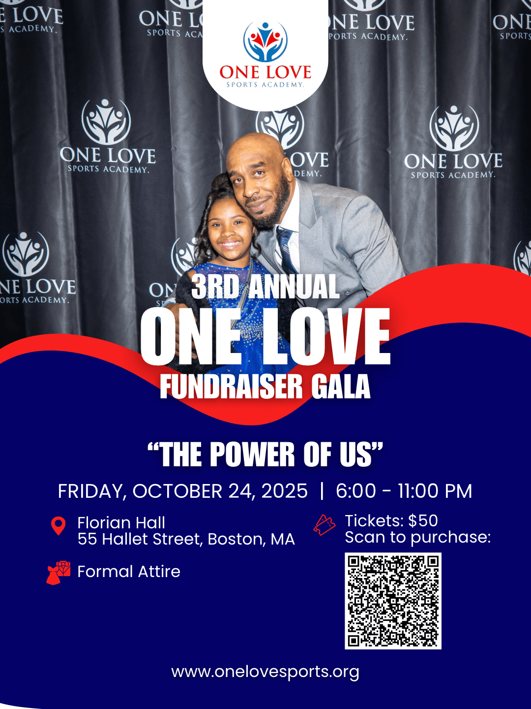Poster for the 3rd Annual One Love Sports Academy Fundraiser Gala featuring a man and a girl smiling at a photo event. Details include date, time, location, ticket price, and website.