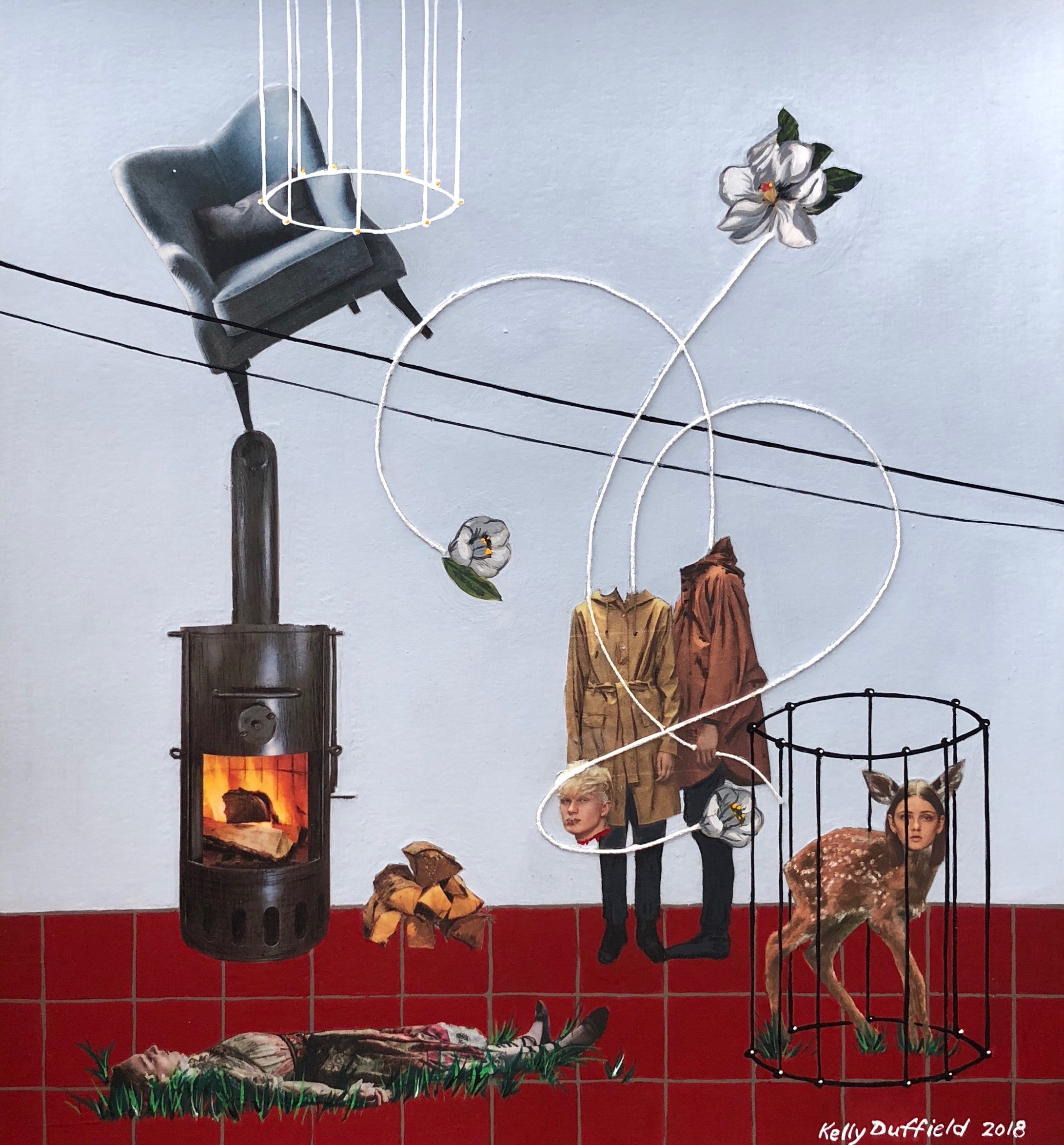 Kelly Duffield ARTIST STATEMENT My paintings contain elements of drawing and collage to create scenes that are often strange, surreal and sufficiently ambiguous to evoke the viewer’s imagined or projected meanings. My imagery emerges from everyday life, sometimes from a specific story or memory, but always charged with psychological, symbolic and surreal import. When creating these narratives, I begin with the collage elements and take cues from them, painting and drawing over and around them, sometimes layer upon layer. I also use white kitchen string: sometimes connecting flower-minds, sometimes stitched in the background, always telling part of the story. This body of work emerged after more than a 20-year separation from making art in earnest. Near the end of college, and in the interest of getting a secure job, I changed my formal path from art to law. Now after nearly 15 years of practicing law and having a family, I have returned to art as a profession. My work is inspired by my life, by family, relationships, motherhood, feminism and modern consumerism/materialism. Over the last year, I have shown at various galleries, art centers and events in Denver and Boulder, including Rethinking Urbanism: Redline’s 5th Annual Juried Exhibition , Redline Contemporary Art Center, Denver, CO and Untitled , 15th Street Gallery, Boulder, CO Solo Exhibition. Kelly Duffield grew up in Oklahoma City, OK. She has a BFA in art and a BA in art history and interned at Universal Limited Art Editions (ULAE), New York. Kelly and her husband Erik Duffield live in Boulder, CO with their five children and golden retreiver.