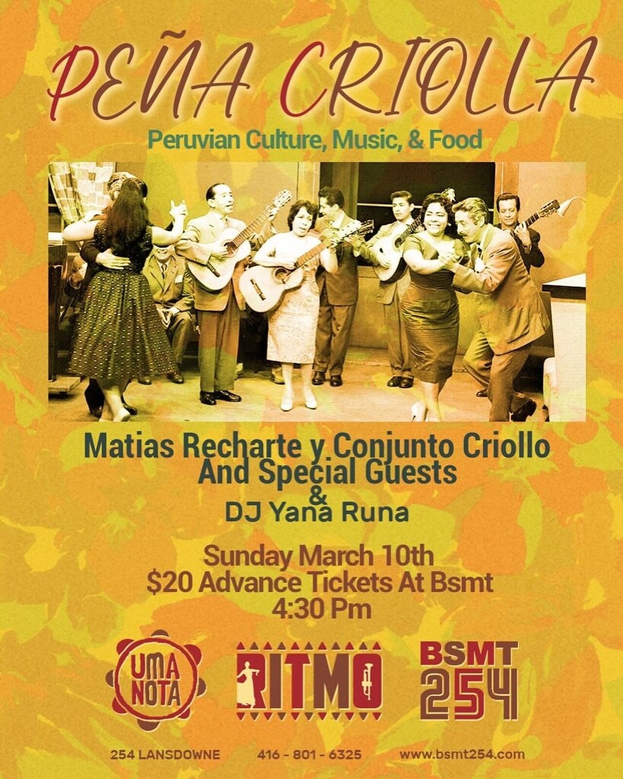 This Sunday! Are you ready for Pe&ntilde;a Criolla? 🇵🇪

@matiasrecharte y Conjunto Criollo &amp; DJ Yana Runa will drop all that is Canciones Criollas! Come celebrate this day with Peruvian waltzes, polkas, afro &amp; other rhythms born of the fusi