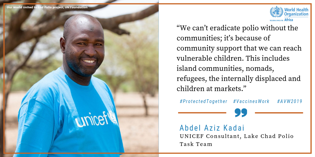UNICEF Consultant, Abdel Aziz Kadal #VaccineHeroes like Abdel Aziz Kadal are working to help #EndPolio in remote areas of the Lake Chad Basin. Watch his story: http://bit.ly/2TzePxe ! @ EndPolioNow @ unfoundation #AVW2019 #VaccinesWork