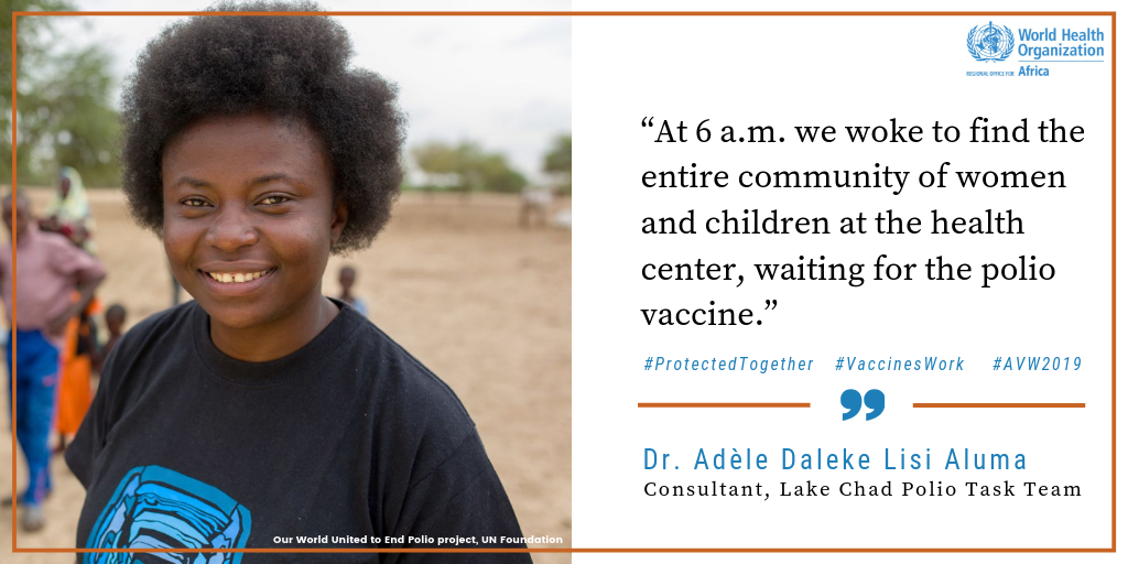 Consultant with the Lake Chad Polio Task Team, Dr. Adèle Daleke Lisi Aluma In the Lake Chad Basin, with many nomadic & refugee populations, it’s tough to reach everyone with the polio vaccine. Thanks to Dr. Aluma and other #VaccineHeroes, a polio-free Africa is closer than ever. Watch now: http://bit.ly/2YexPR5 #AVW2019