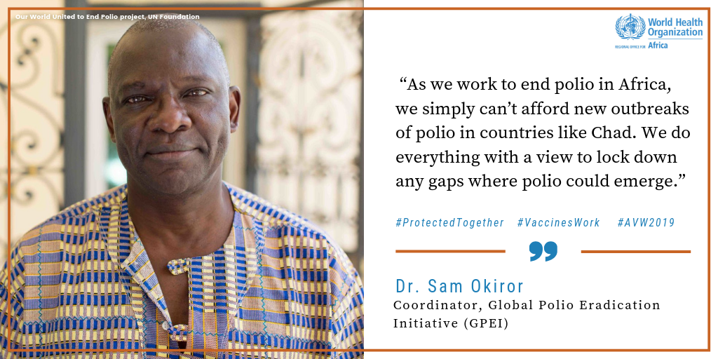 Global Polio Eradication Initiative (GPEI) partnership Coordinator, Dr. Sam Okiror Dr. Sam Okiror & his team of #VaccineHeroes have reached 53,200+ children in almost 500 settlements in the Lake Chad Basin with life-saving polio vaccines. Watch their story here http://bit.ly/2YexPR5 #AVW2019