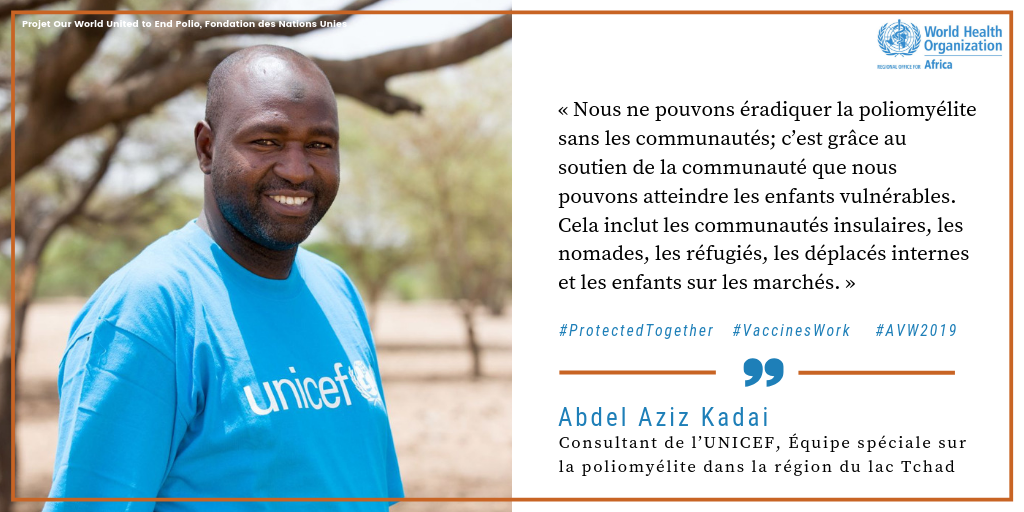 Consultant de L’UNICEF, Abdel Aziz Kadai Des héros de la vaccination comme Abdel Aziz Kadal travaillent pour contribuer à #EradiquerLaPolio dans les zones reculées du bassin du lac Tchad. Regardez son histoire : http://bit.ly/2TzePxe ! @ EradiquerLaPolioMaintenant @ unfoundation # AVW2019 #LesVaccinsÇaMarche