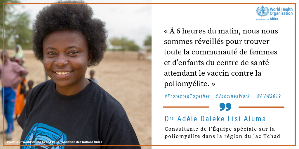 Consultante auprès de l’Équipe spéciale de lutte contre la poliomyélite dans la région du lac Tchad, Dre Adèle Daleke Lisi Aluma Dans le bassin du lac Tchad, avec de nombreuses populations nomades et réfugiées, il est difficile d’atteindre tout le monde par le vaccin contre la poliomyélite. Grâce à la Dre Aluma et à d’autres #HérosDeLaVaccination, il est plus que jamais possible de réaliser l’objectif d’une Afrique sans poliomyélite. Regardez maintenant : http://bit.ly/2YexPR5 #AVW2019