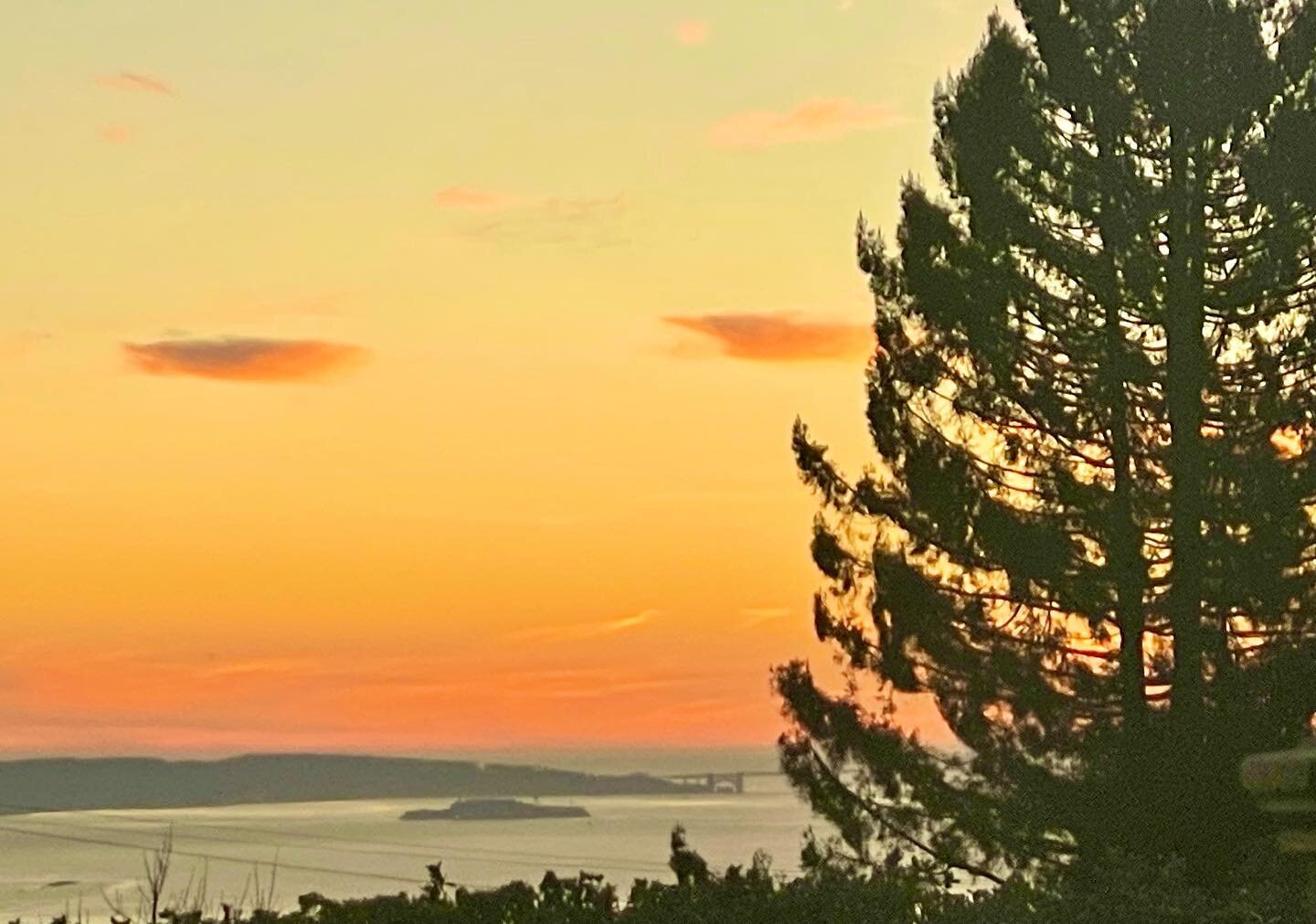 Neil Young&rsquo;s &ldquo;silver spaceships lying In the yellow haze of the sun&rdquo; arrived in San Francisco Bay at sunset this evening, hovering over Alcatraz. #berkeley #california #sunset #sanfranciscobay