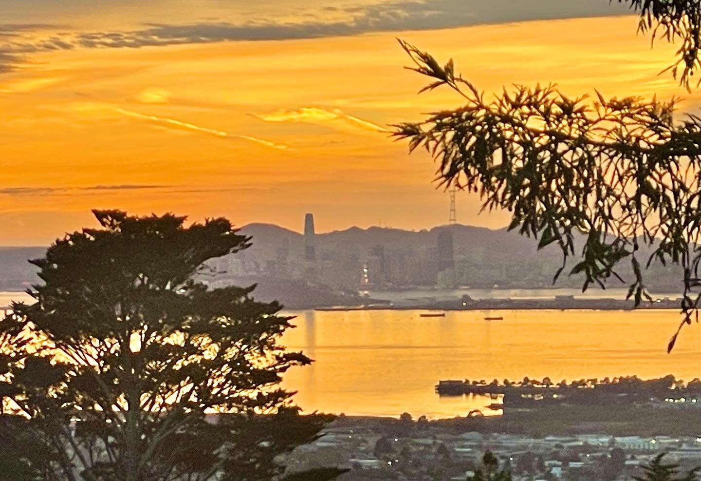 The calm before the weekend storm arrives. San Francisco Bay is so still as the sun sets that it&rsquo;s reflecting Salesforce Tower and the rest of the skyline. #sanfrancisco #sanfranciscobay #berkeley #california #sunset