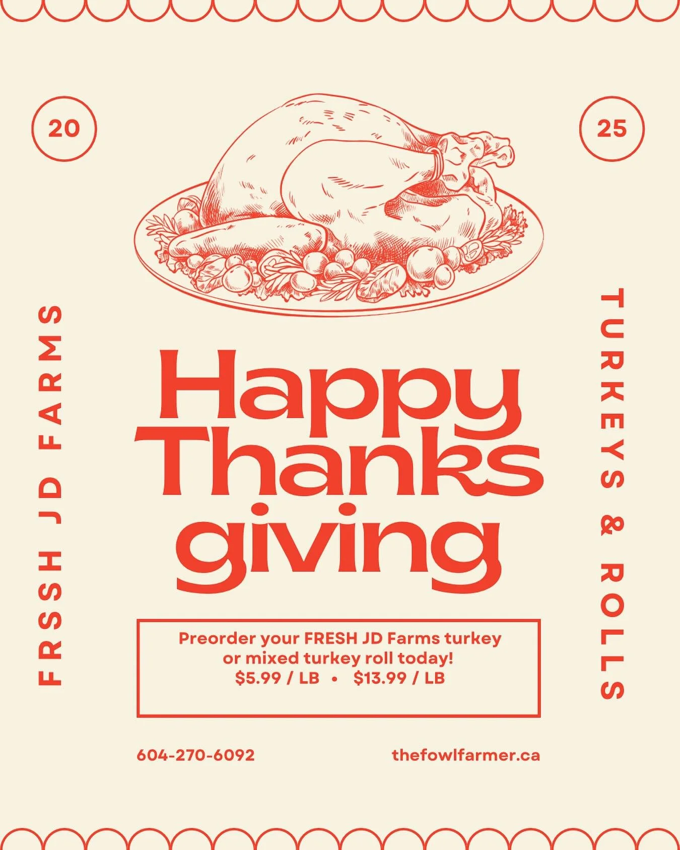Can you believe that Thanksgiving is only 39 days away? As in previous years, we will be carrying FRESH JD Farms turkeys and mixed turkeys roll!

We take preorders in priority sequence so the earlier you can get your size request in, the better! We t