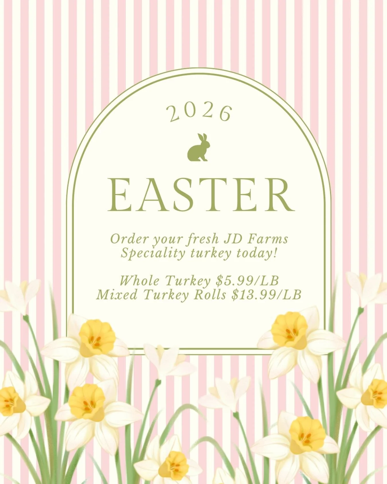 Believe it or not, Easter is only two weeks away! 🐣 

We are now taking orders for fresh whole turkeys and fresh mixed turkey rolls. Visit us in person or give us a call to reserve your preferred size range 

In store, our frozen whole JD Farms turk