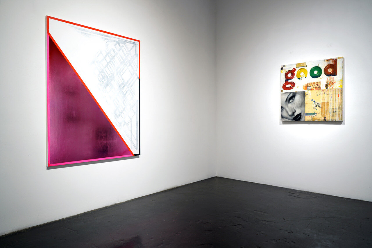  Jimi Gleason, Pink Diamond, silver nitrate &amp; acrylic on canvas, 66 x 54”. Greg Miller, Good, 2019, acrylic, collage paper, resin on panel, 36"x36" 