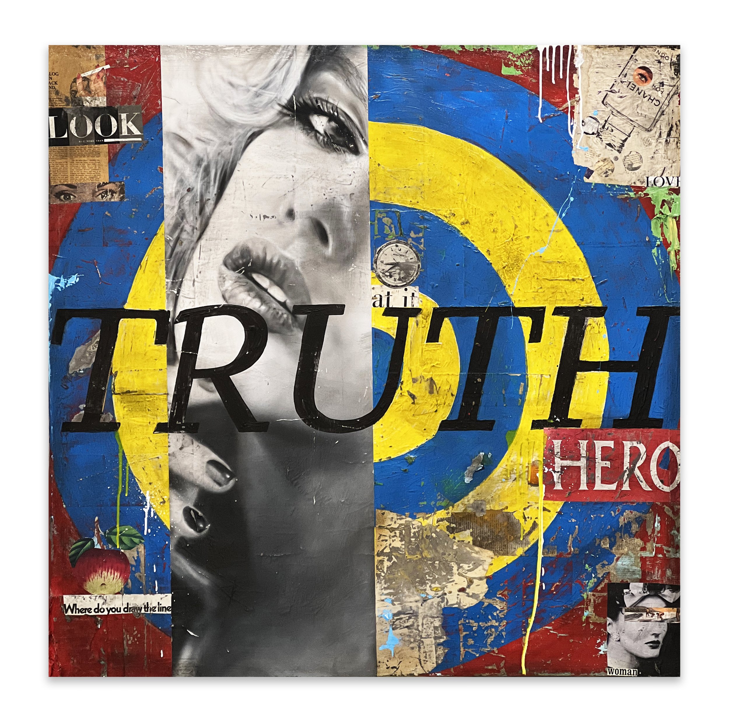 Greg Miller, TRUTH, acrylic and collage on canvas, 48” x 48”