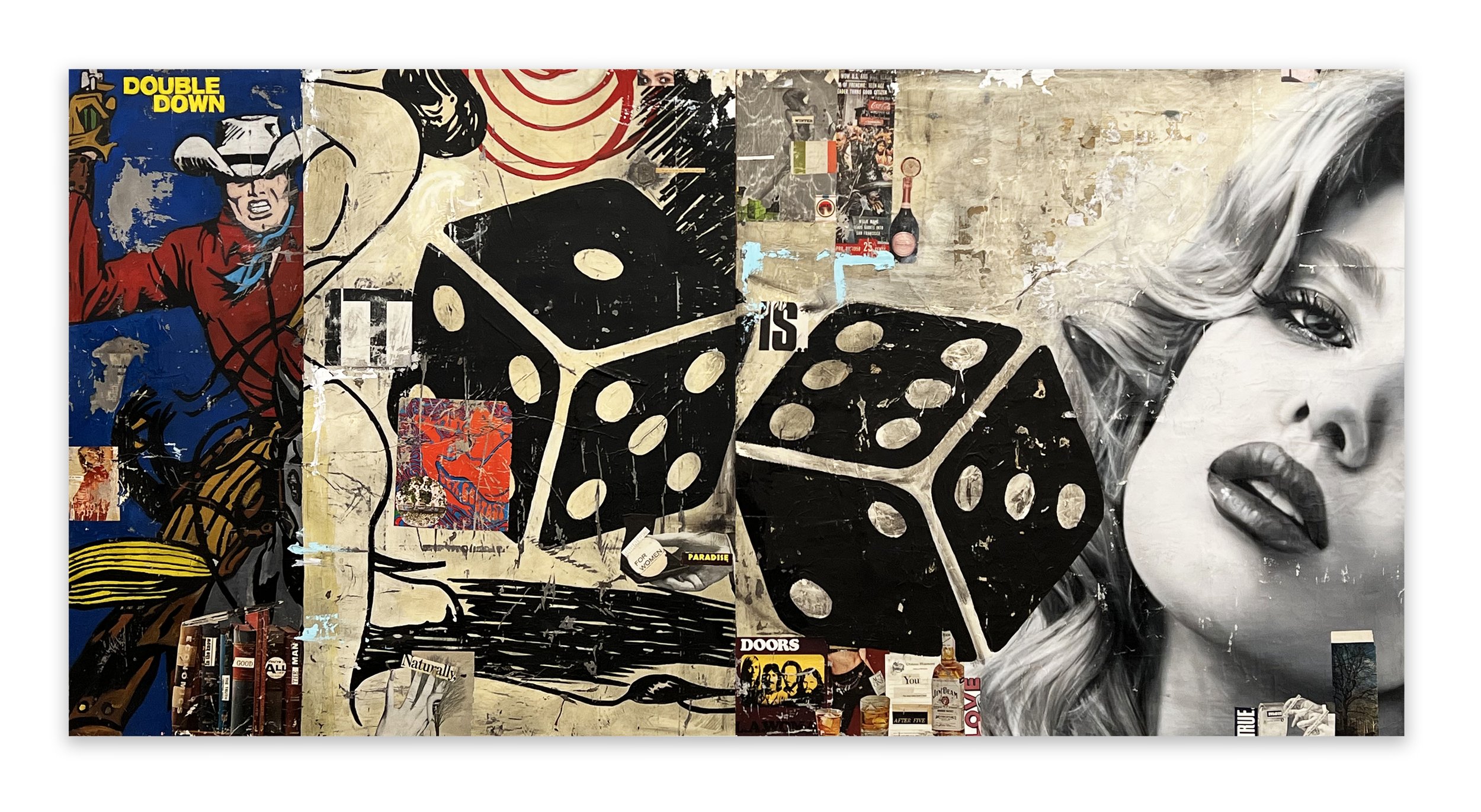 Greg Miller, Double Down, acrylic and collage on canvas, 48” x 96”