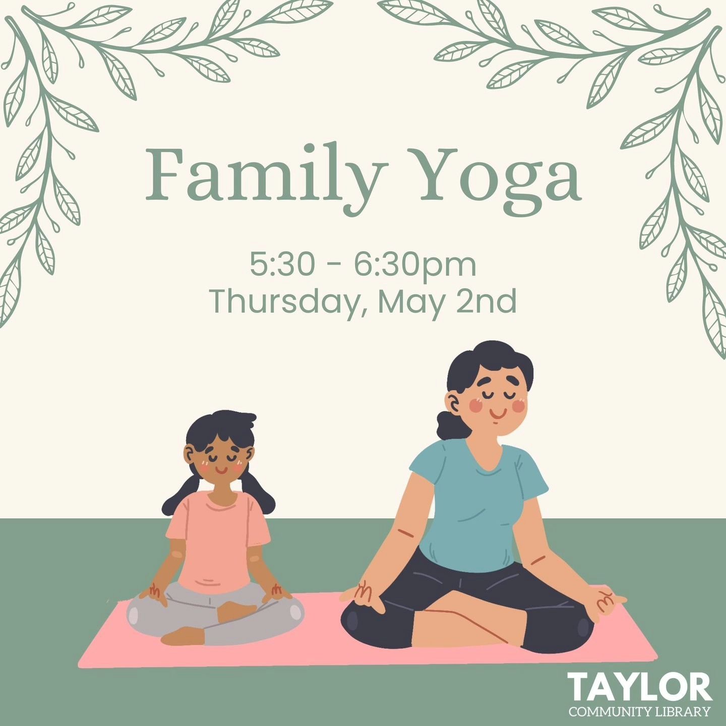 Join me at the @taylorcommunitylibrary with @guidancecentermi from 5:30-6:30pm Thursday, May 2nd for a FREE parent &amp; tween/teen yoga class. This class will focus on stress relief, self-compassion, and relaxation. This event is for parents and chi