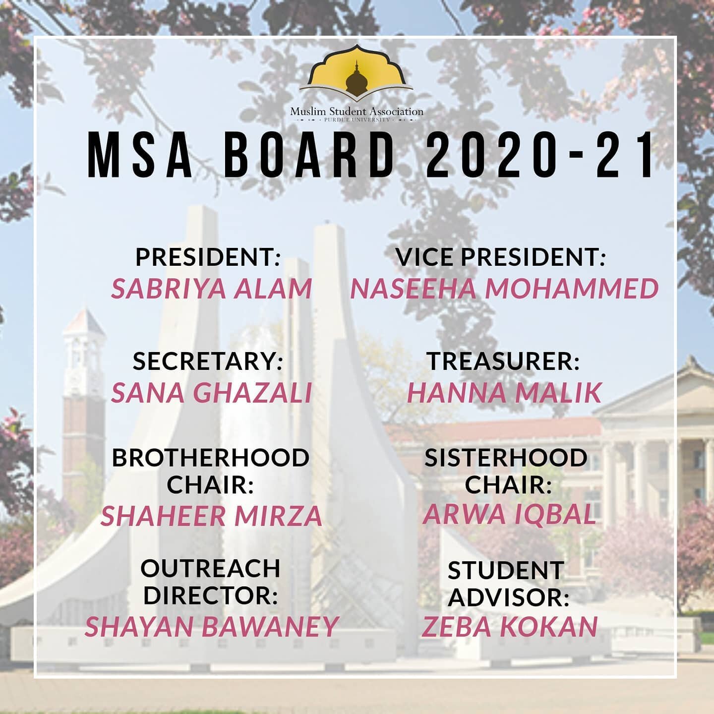 Presenting your MSA Board for 2020-21! We are so excited for this upcoming semester, and have high hopes for a great year - undeterred by COVID-related challenges! We plan to make the most of our time at Purdue (and online) with our fellow brothers a