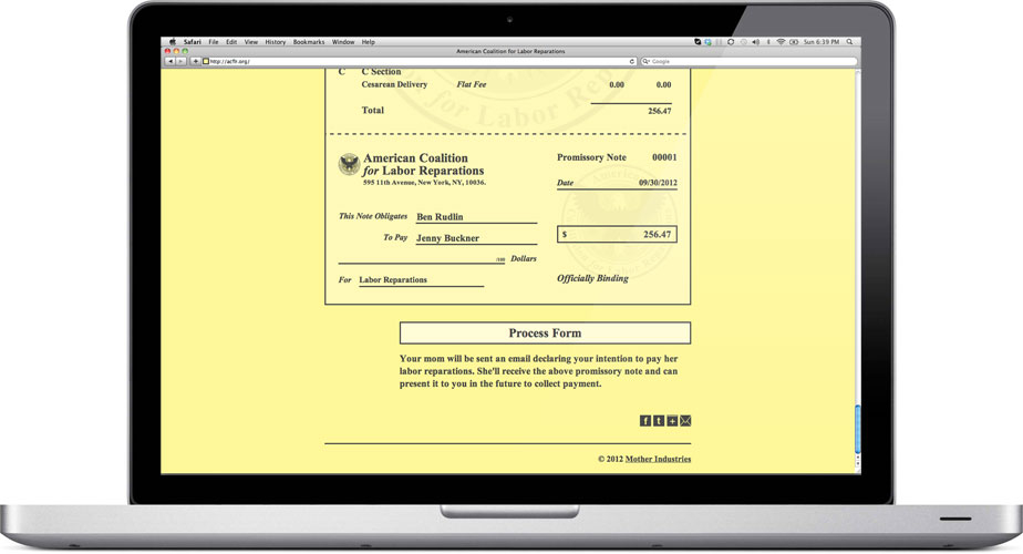 Enter the details of your mother's pregnancy / labor and the site calculates how much money you owe her.