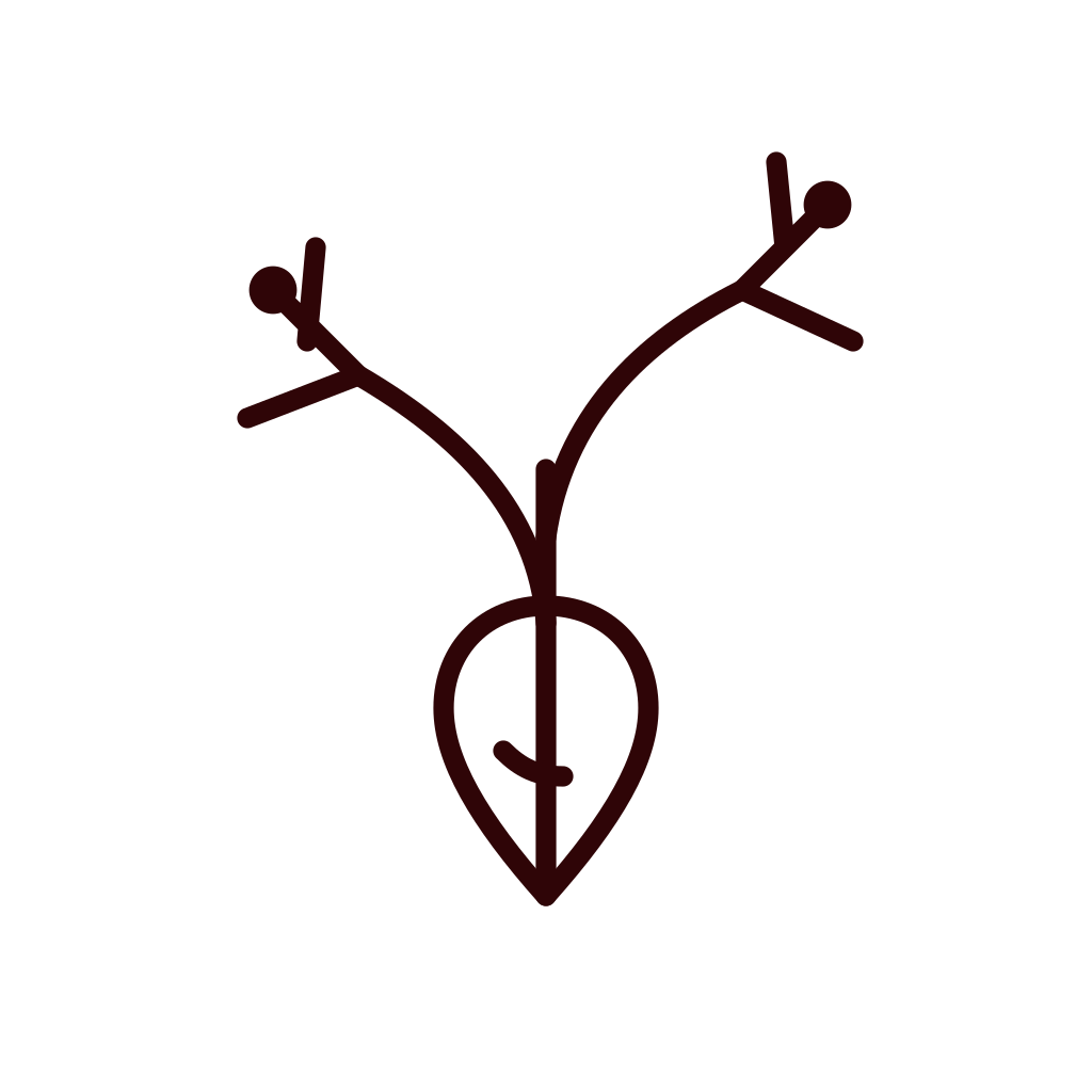 A minimalist line drawing of a plant or tree with three branches, rooted in a seed or bulb shape, stylized in dark red color, illustrating blood.