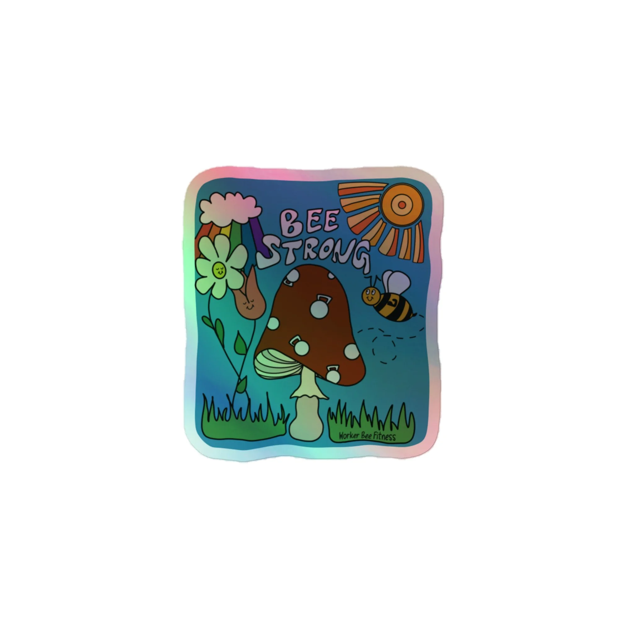 Image of holographic sticker (small) with 70's inspired design mixing fitness imagery with nature like flowers, a mushroom, and the sun.