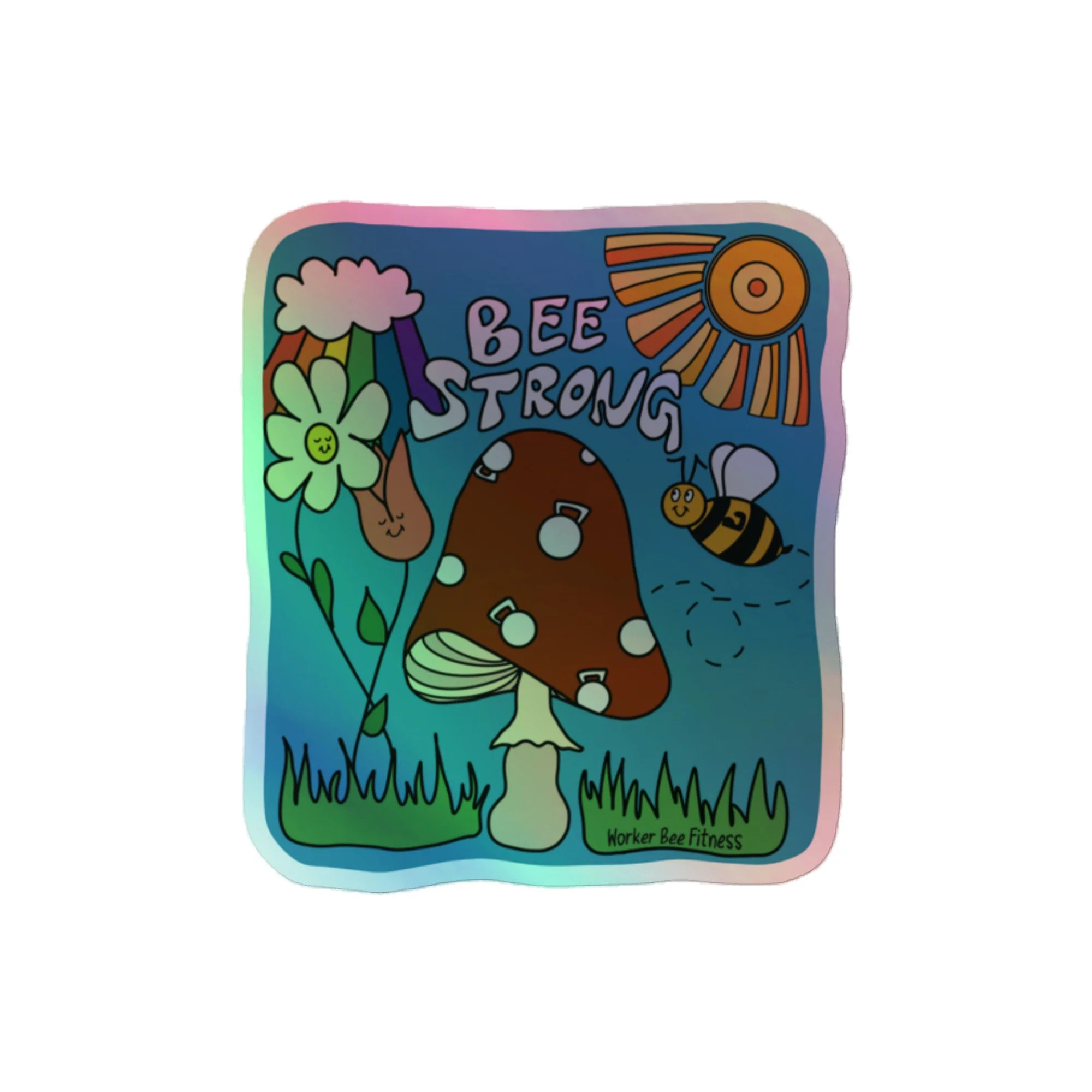 Image of holographic sticker (medium) with 70's inspired design mixing fitness imagery with nature like flowers, a mushroom, and the sun.