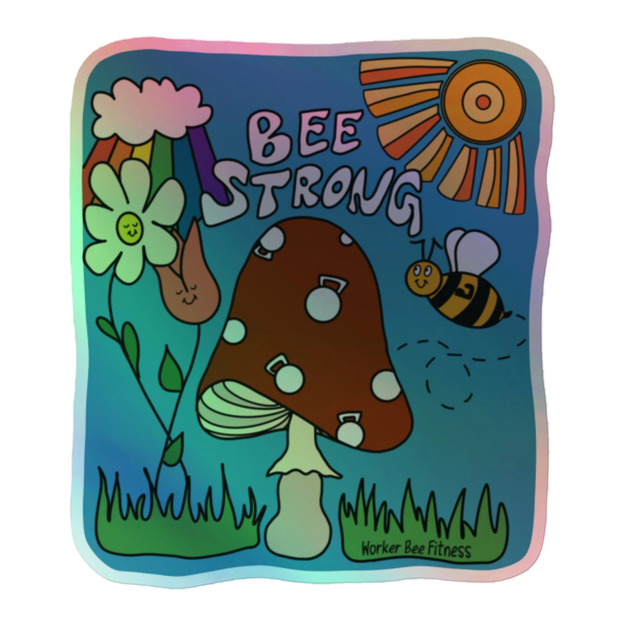 Image of holographic sticker (large) with 70's inspired design mixing fitness imagery with nature like flowers, a mushroom, and the sun.