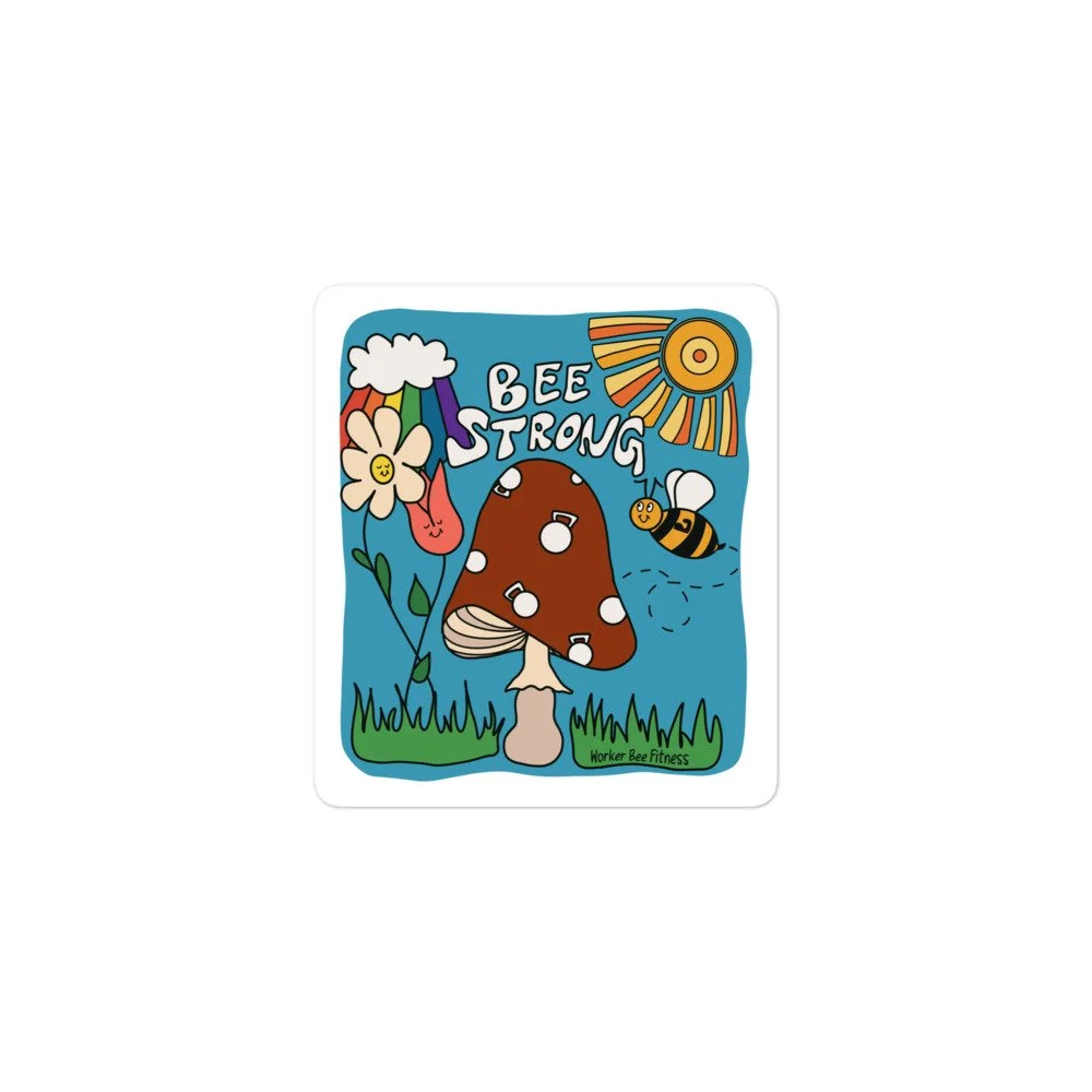Image of sticker (small) with 70's inspired design mixing fitness imagery with nature like flowers, a mushroom, and the sun.