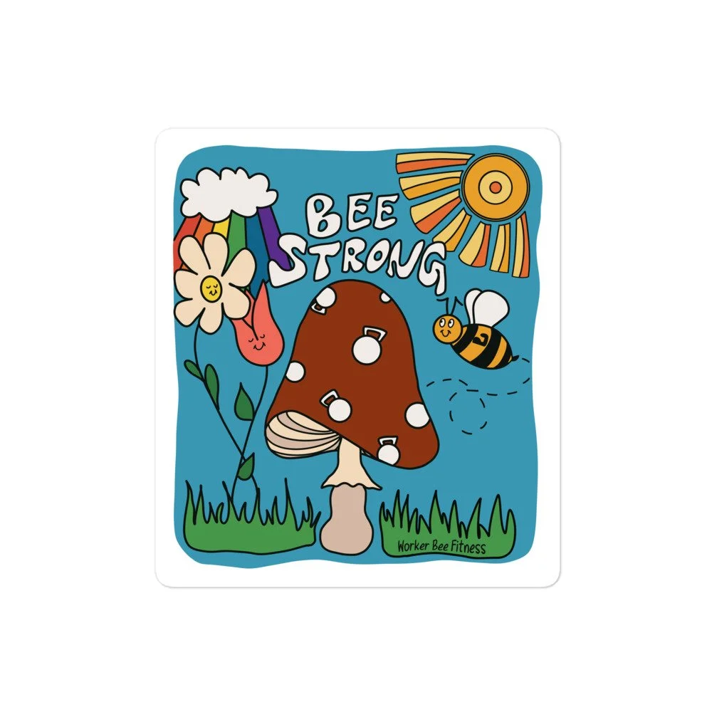 Image of sticker (medium) with 70's inspired design mixing fitness imagery with nature like flowers, a mushroom, and the sun.