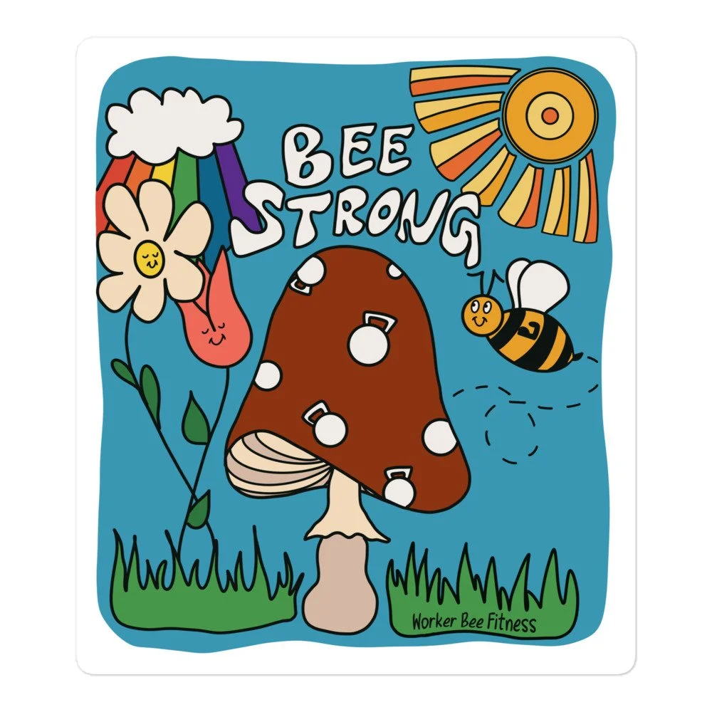 Image of sticker (large) with 70's inspired design mixing fitness imagery with nature like flowers, a mushroom, and the sun.