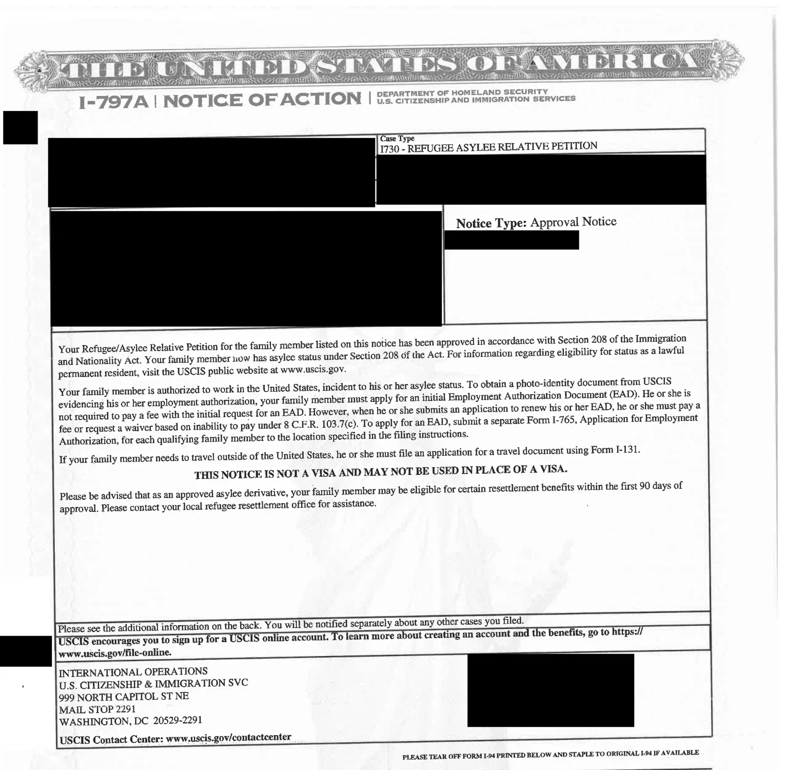 I-730 approval notice with names, identifiers, dates, addresses, barcodes and personal I-94 information redacted