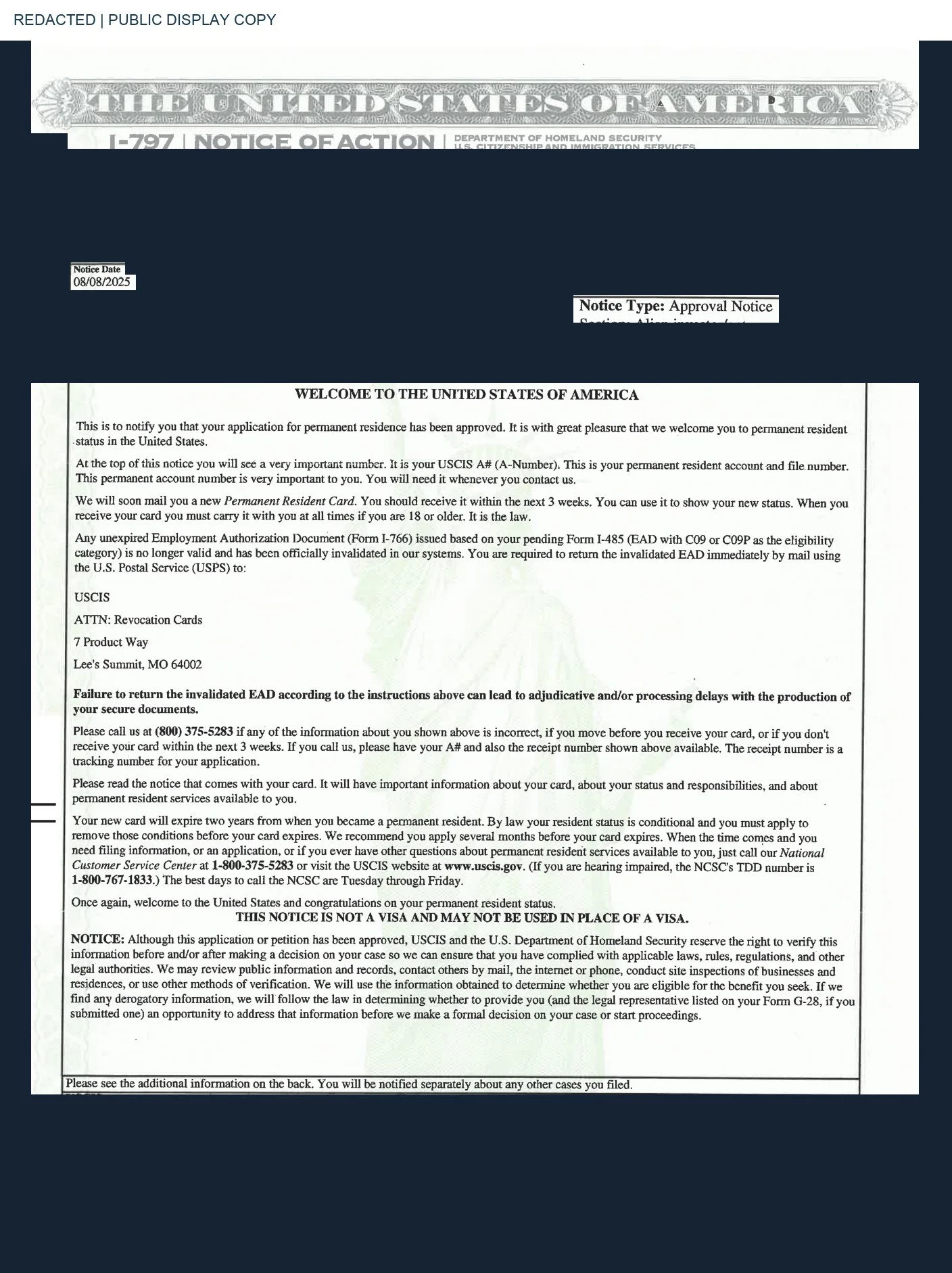 EB-5 I-485 approval notice — redacted example