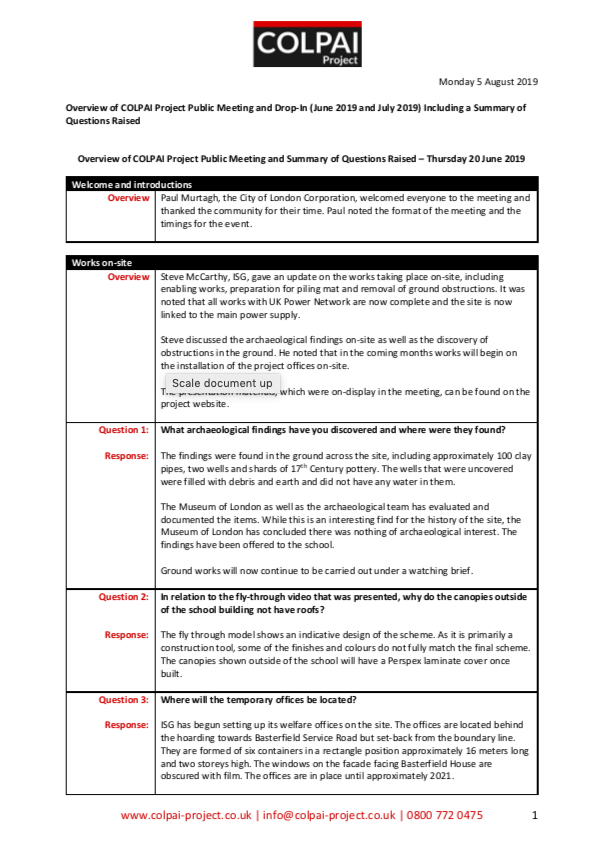 Overview of COLPAI Project Public Meeting and Drop-In Including a Summary of Questions Raised