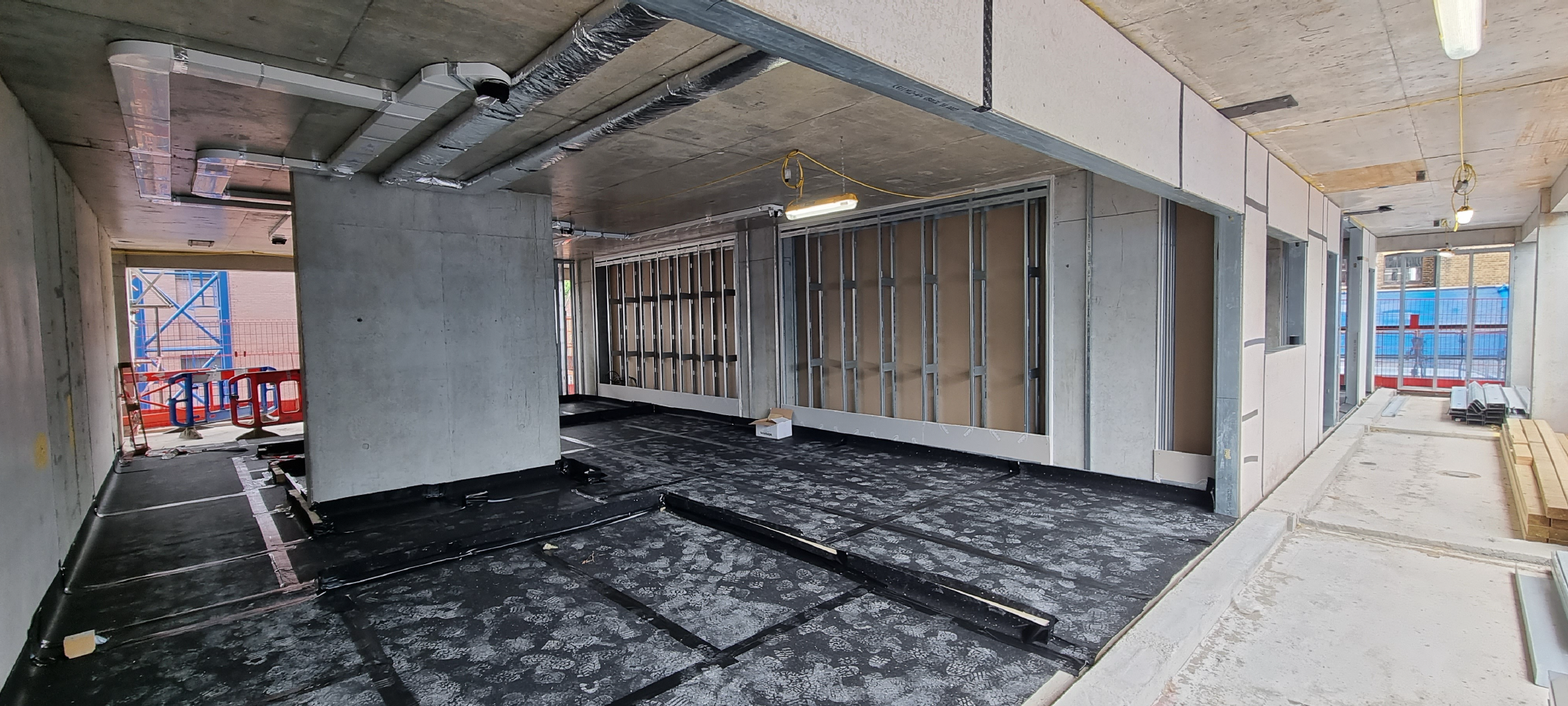 External and party walls, as well as ductwork and preparation for screeding