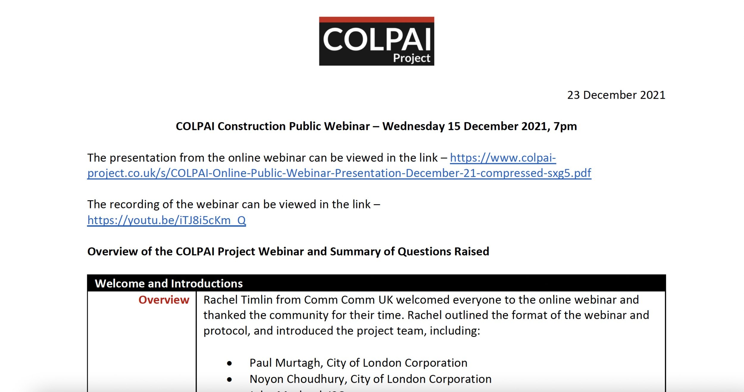 COLPAI Project - Webinar Notes