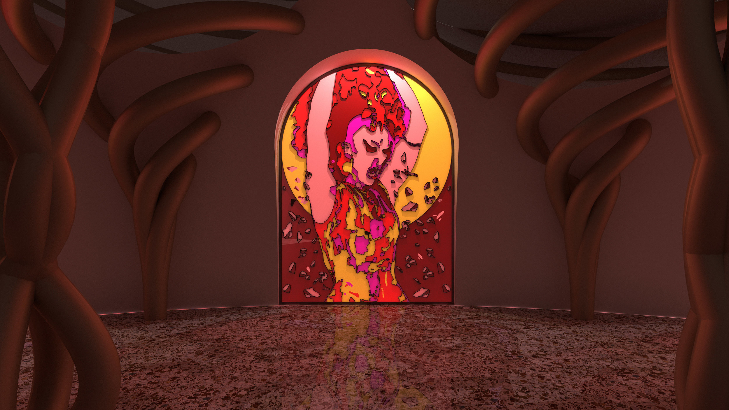 Stained glass windows capturing iconic moments of the show adorn the main clubbing space. The stained glass is designed to be easily swapped out, in keeping with the quick turn around time of the show and potential for re-imagining once the show is
