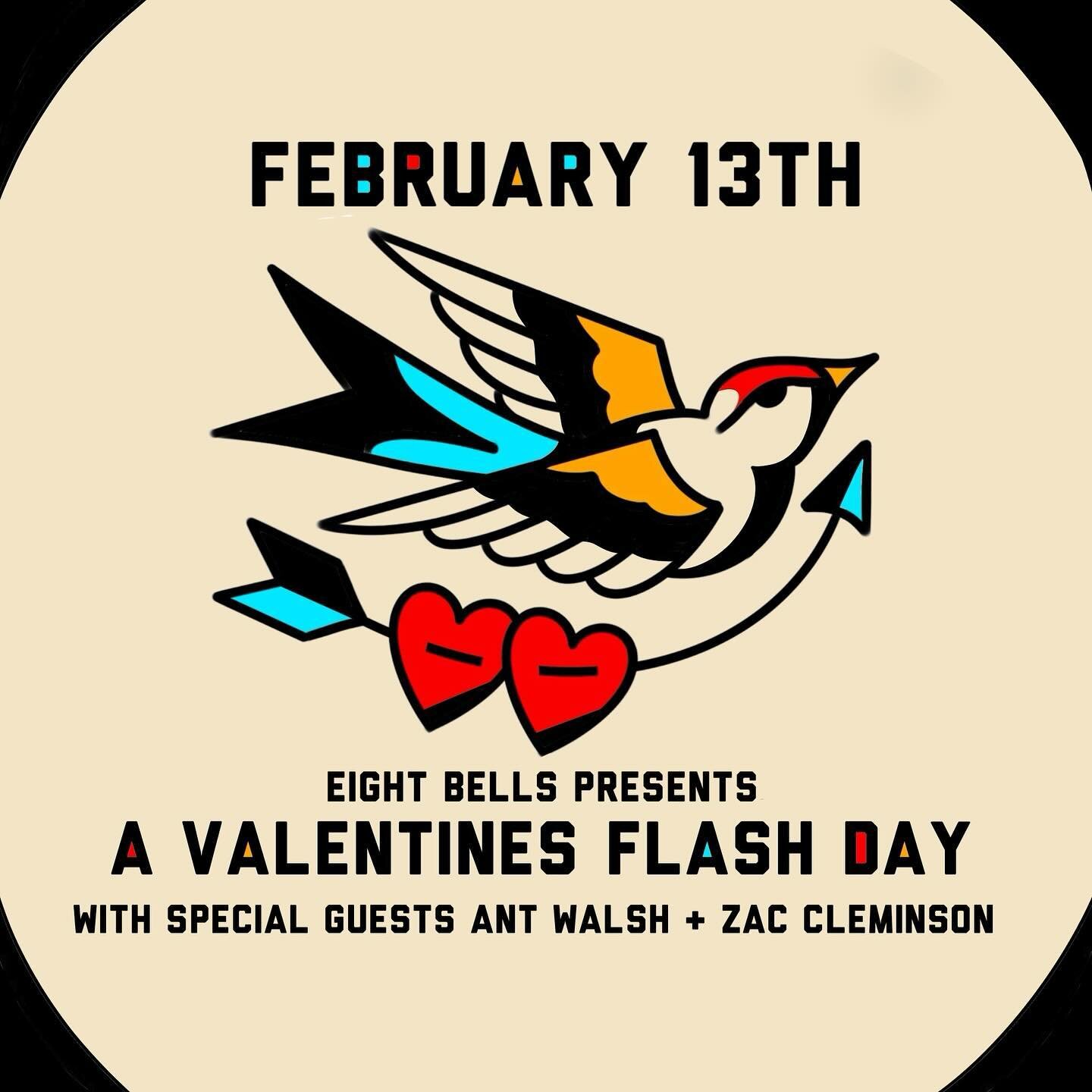 (Repost due to typo!) We have TWO flash days coming up in February! On February 13th we have special guests @ant.goodtime and @zclemtattoo along with our usual crew for our Valentines flash day! And on February 16th @sadboykurt is coming back for a h
