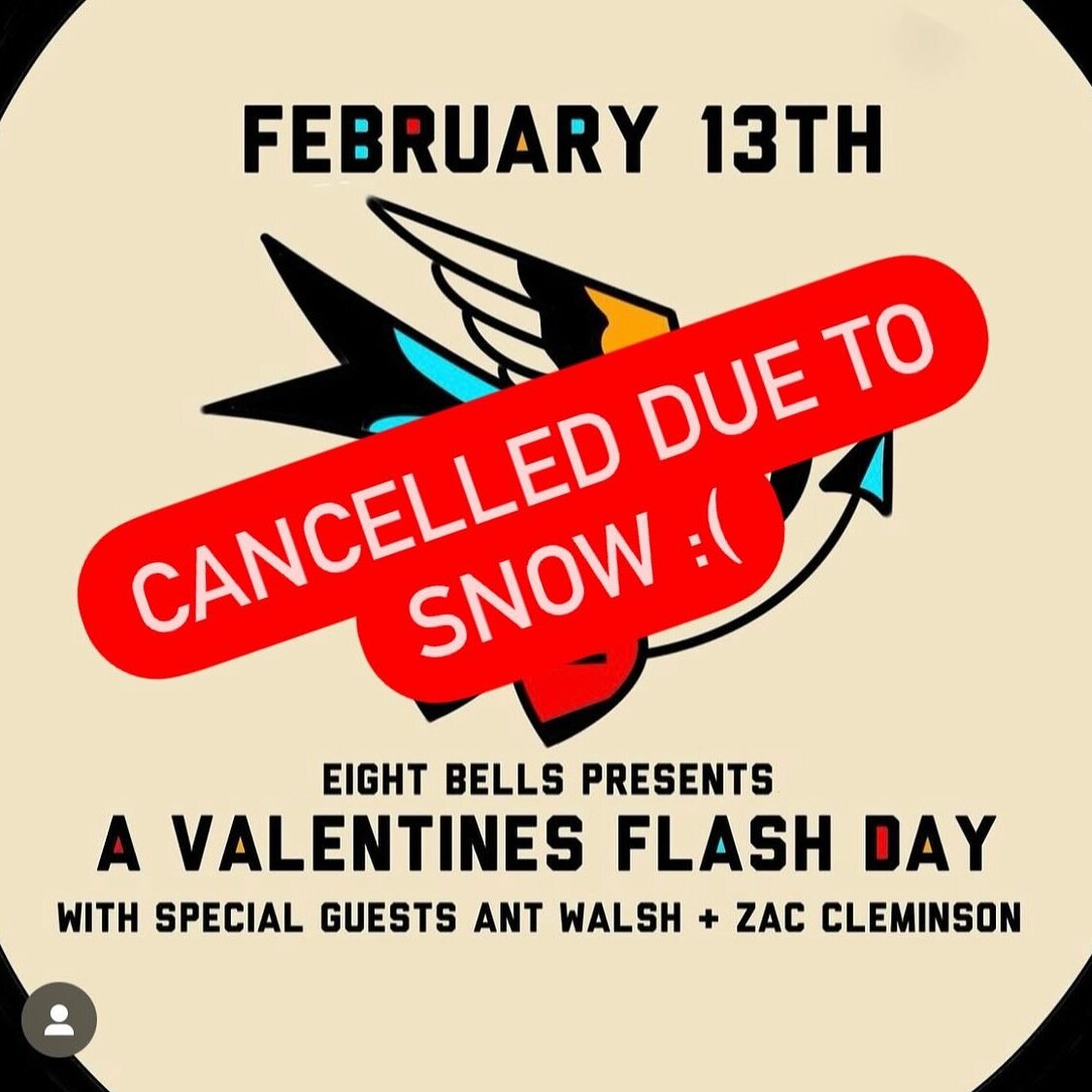 Suuuuuper bummed to announce that our flash event today will be cancelled due to snow :(