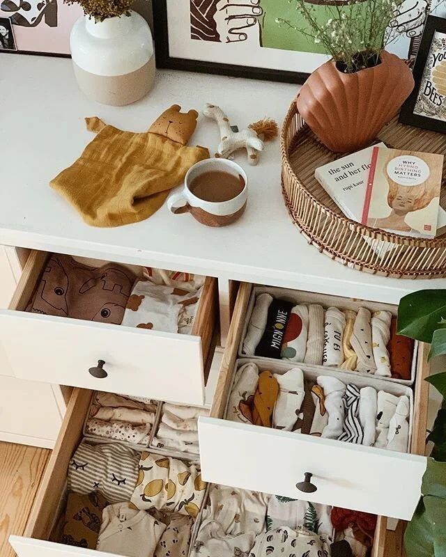 These few drawers look like I&rsquo;ve got my life together, but you should see the rest of the house - especially as the bigger purchases start arriving 👀
Also, this unborn baby has a much cooler wardrobe than Tim and I put together. Not jealous at all...