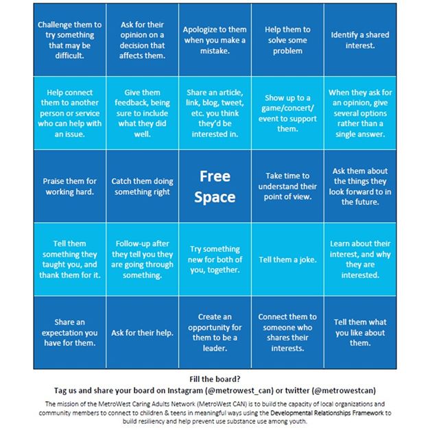Start off the new school year with Developmental Relationships #Bingo!  Each square is something you can do to help build Developmental Relationships!  Can you blackout the board?  Share a photo with us! #youthdevelopment #blackout #challengegrowth
