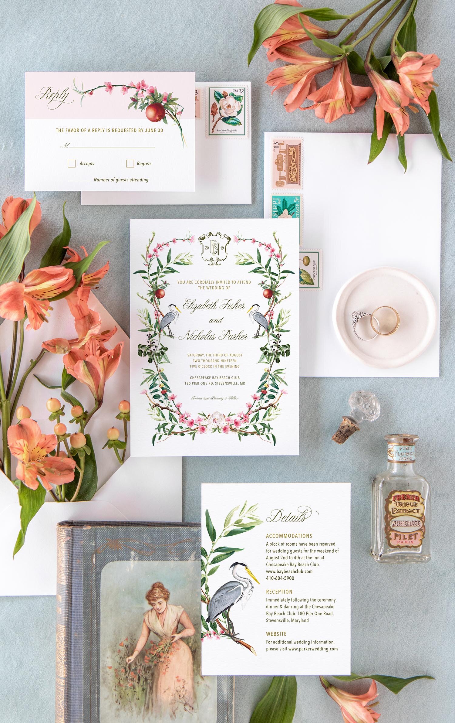 Coral Pink Lily Vintage Personalised Wedding Invitations 