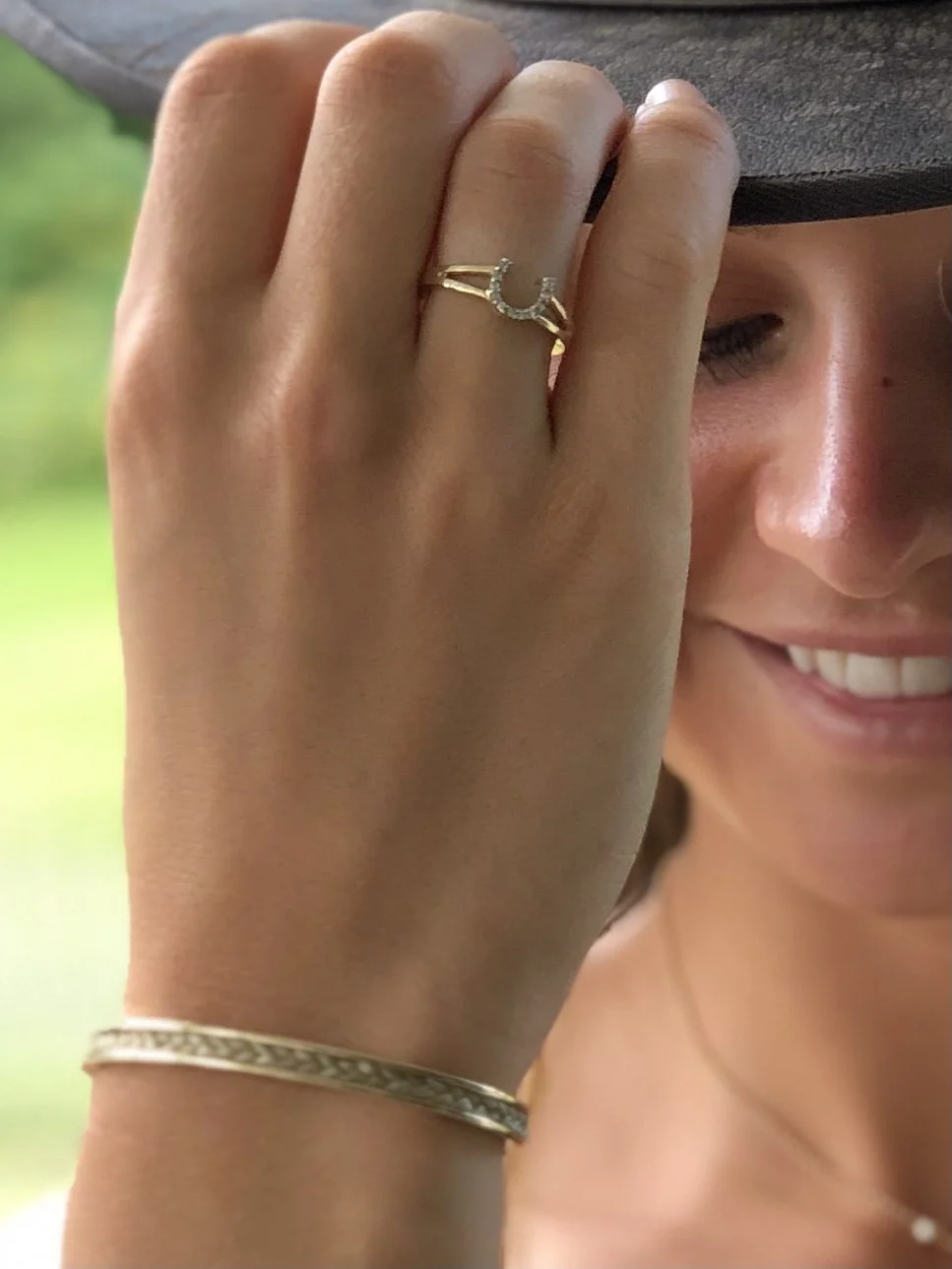 14 Kt Gold Horse Hair Cuff Bracelet Worn on a Woman's Wrist