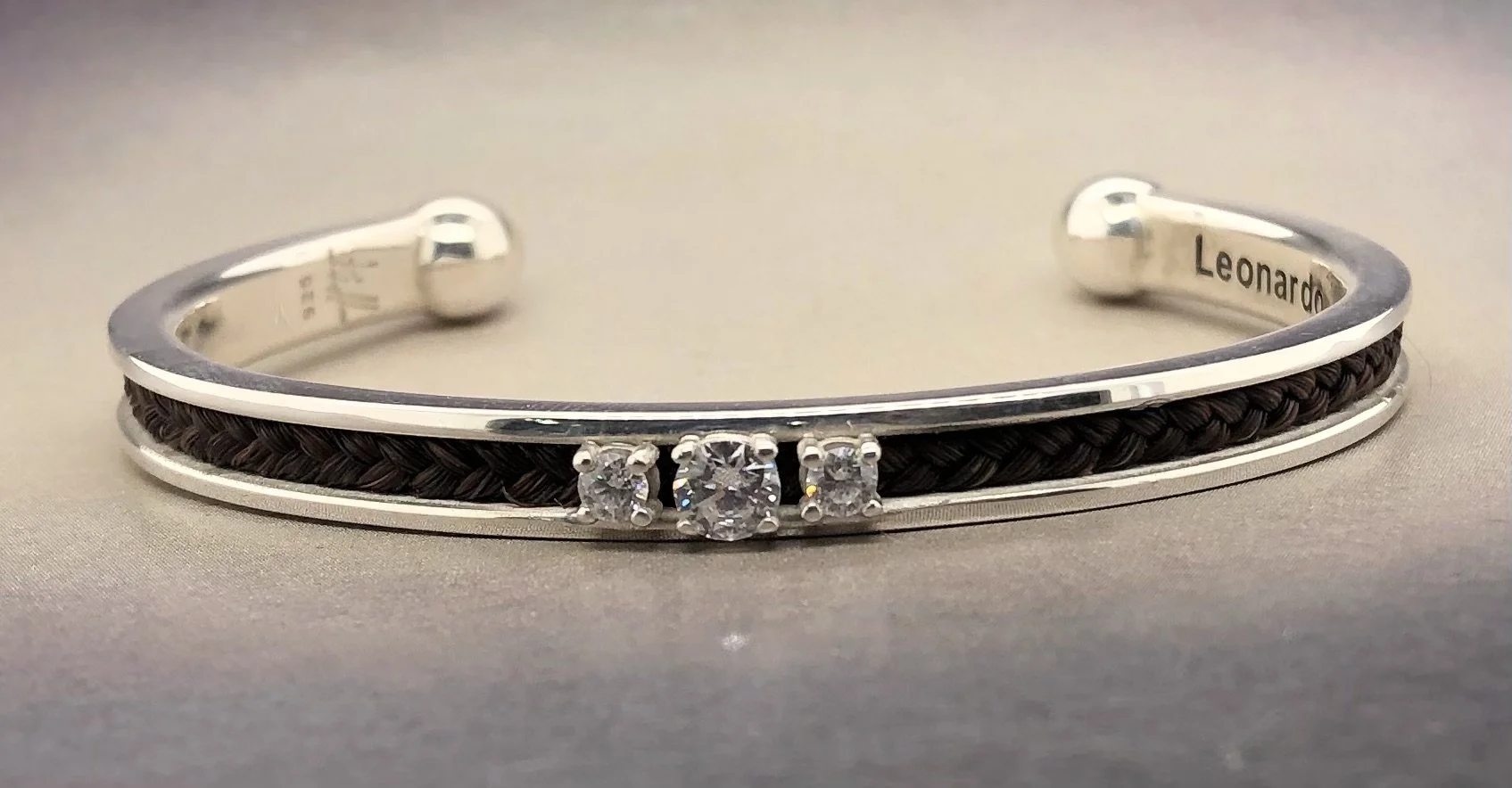 Sterling Horse Hair Cuff Bracelet with Three Center Stones