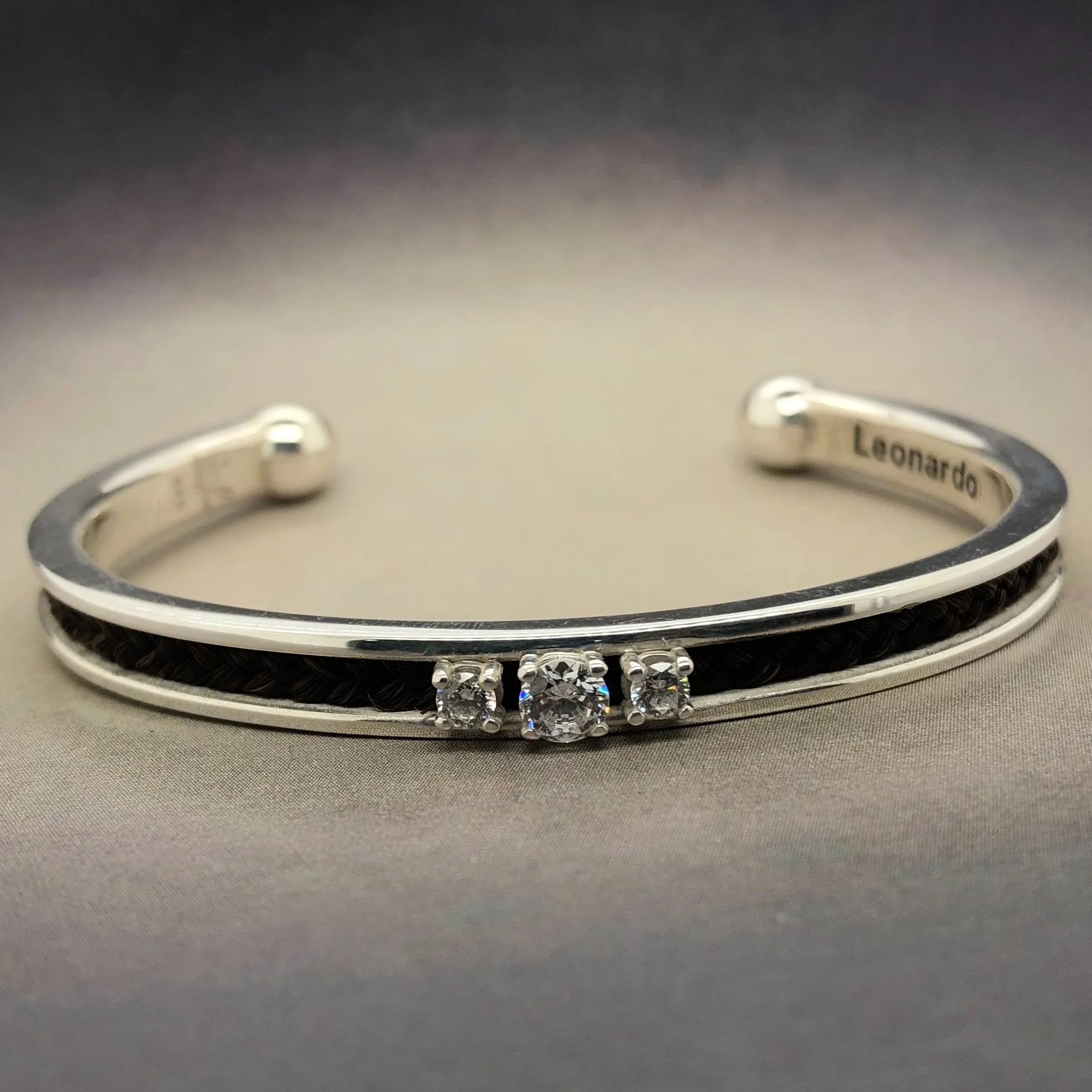 Sterling Horse Hair Cuff Bracelet with Three Center Stones