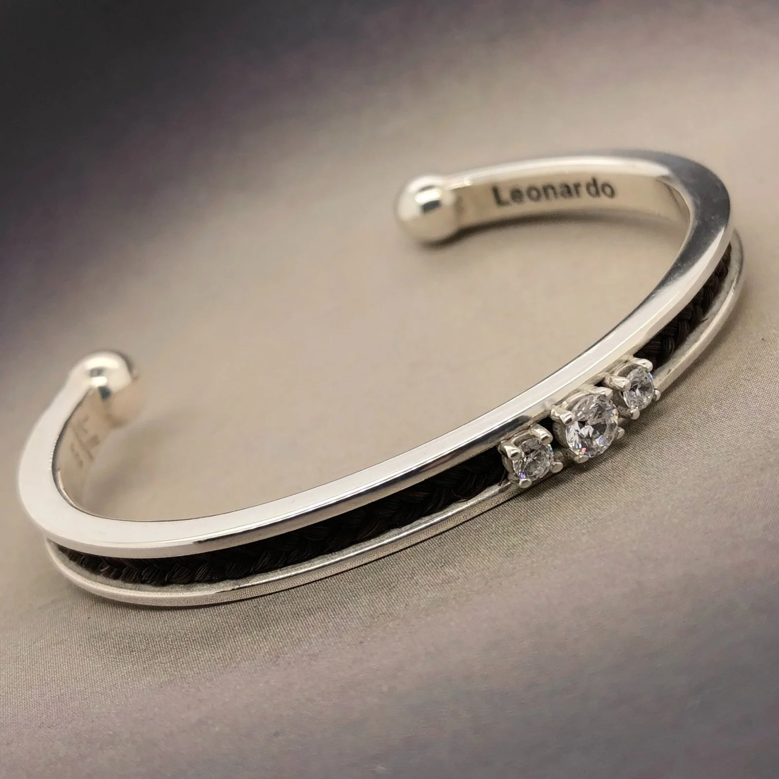 Sterling Horse Hair Cuff Bracelet with Three Center Stones