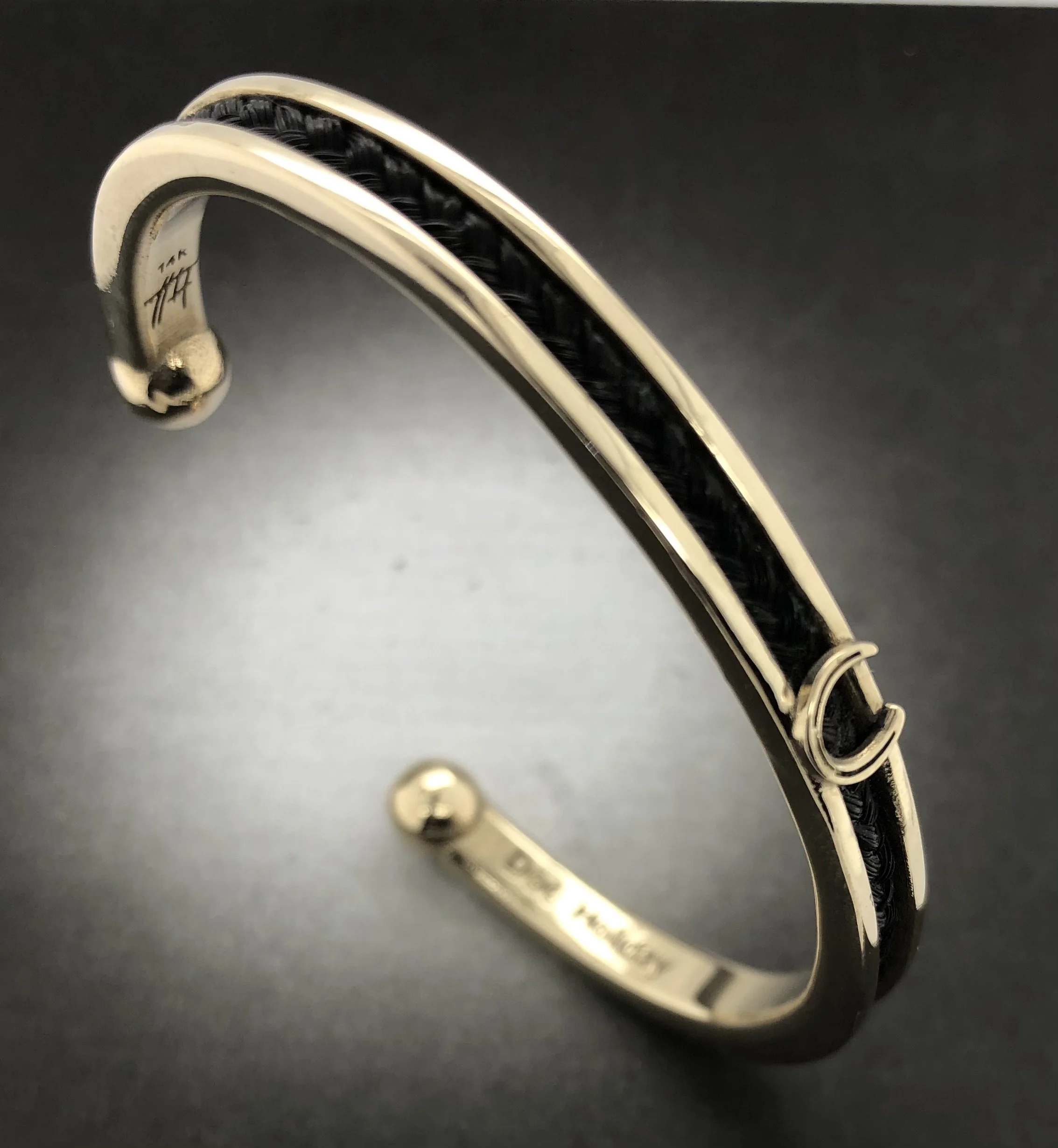 14 Kt Gold Horse Hair Cuff Bracelet with Lucky Horseshoe