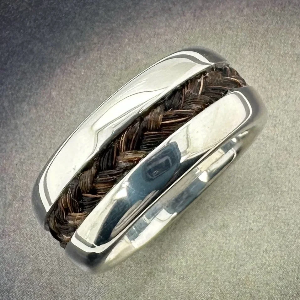 10mm comfort fit sterling silver horsehair ring with thick band and custom braided inlay, popular men's memorial ring.