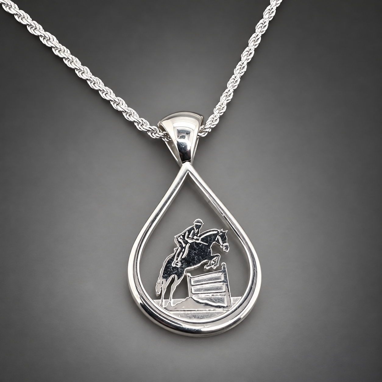 Silver Teardrop Show Jumper Equestrian Teardrop Pendant close up.png