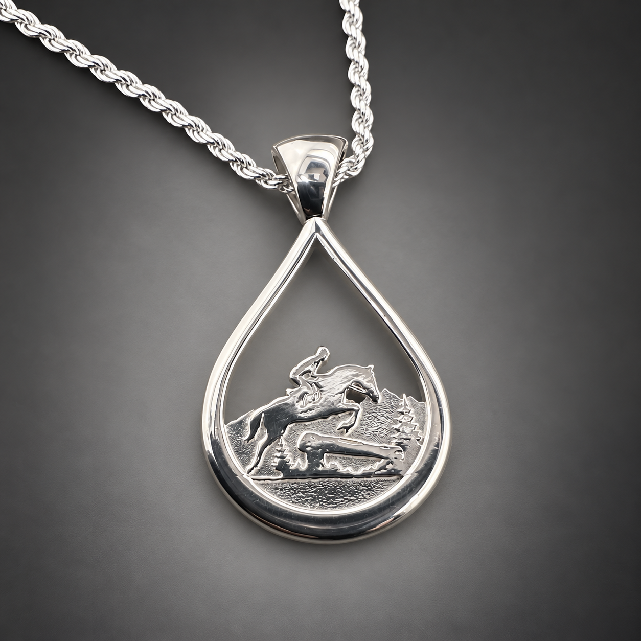Silver Teardrop Eventing Equestrian Teardrop Pendant close up.png