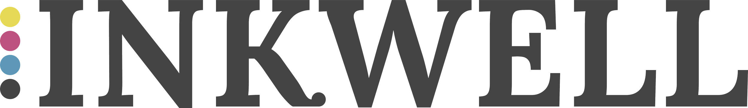 Large black and gray text spelling 'INKWELL' with colored dots on the left side.